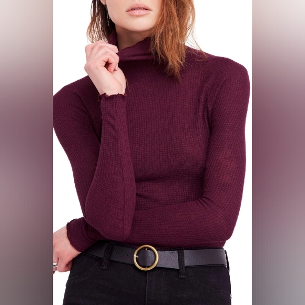 Free People Make It Easy Thermal Turtleneck Top XS Midnight Plum Lettuce Edge
